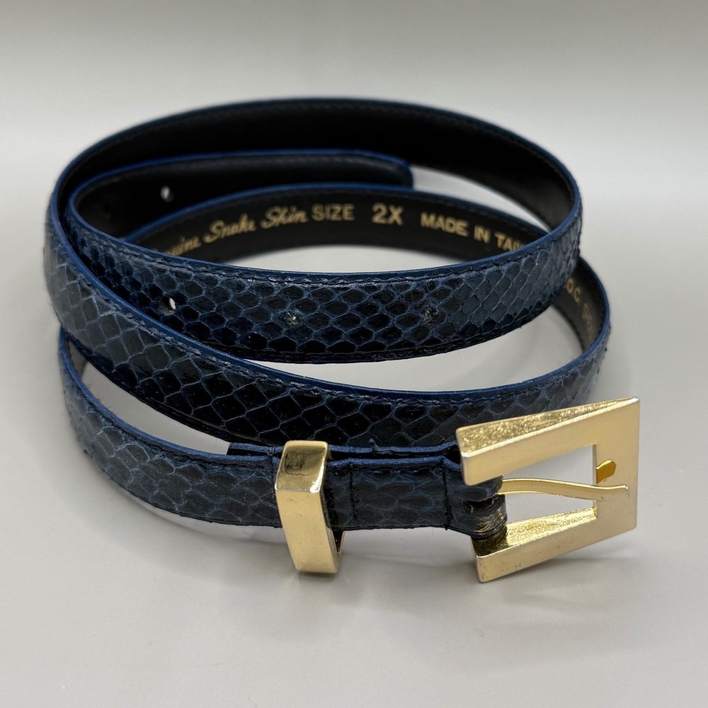 Vintage SHEKA by Faco Blue Genuine Snakeskin‎ Belt Gold Buckle Made in Taiwan 2X